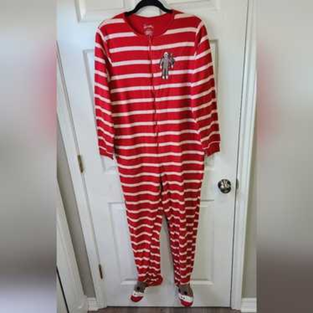 **Nick & Nora Red and White Striped Sock Monkey Adult Footie Onesie Size Small